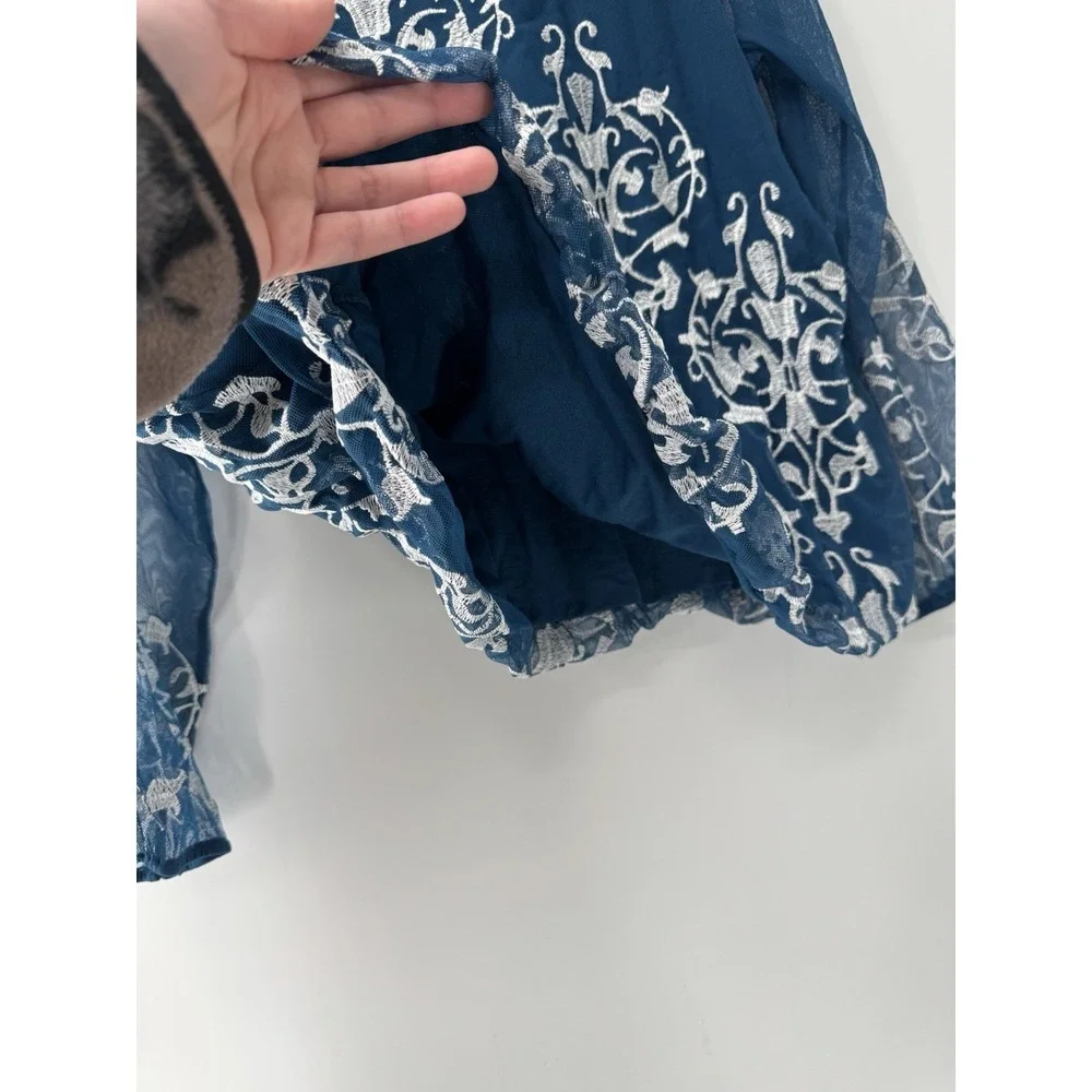 Alfani Blue Sheer‎ Sleeve Embroidered Blouse Fairy Romantic Whimsical Coquette